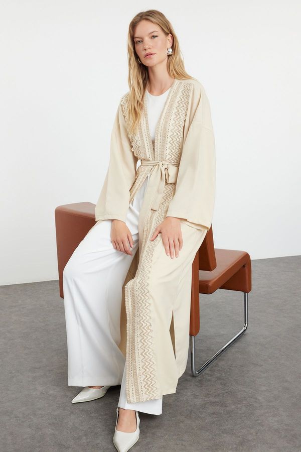 Trendyol Trendyol Beige Linen Look Woven Cap & Abaya & Abaya with Embroidery Detail