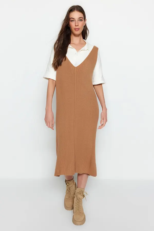 Trendyol Trendyol Beige Maxi Knitwear V-Neck Gilet Dress