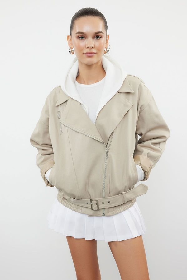Trendyol Trendyol Beige Oversize Belted Gabardine Biker Slim Jacket Coat