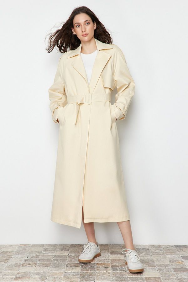 Trendyol Trendyol Beige Oversize Wide Cut Belted Cotton Trench Coat