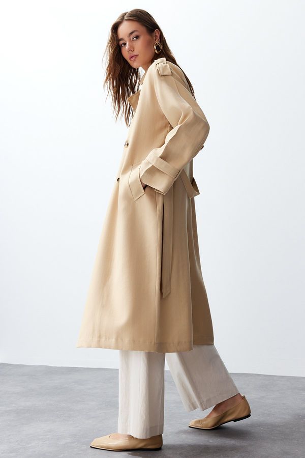 Trendyol Trendyol Beige Oversize Wide Fit Soft Textured Long Trench Coat with Belt