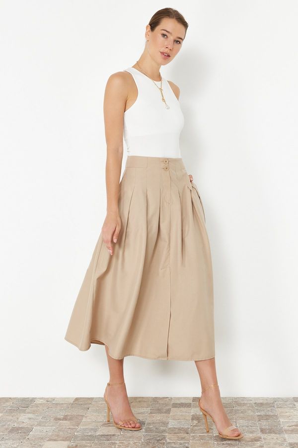 Trendyol Trendyol Beige Pleated Detailed Front Buttoned Midi Length Woven Skirt