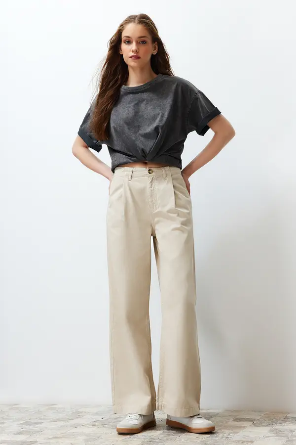 Trendyol Trendyol Beige Pleated High Waist Seasonal Wide Leg Jeans