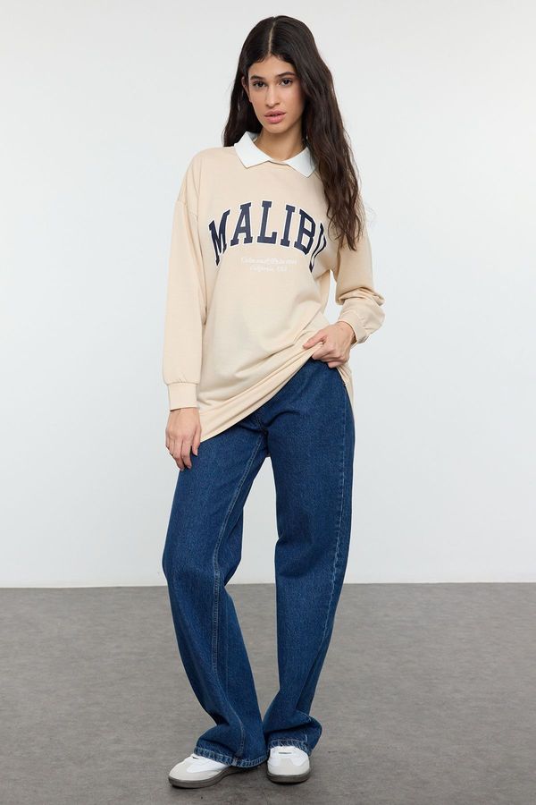 Trendyol Trendyol Beige Polo Neck Embroidered Detailed Knitted Sweatshirt