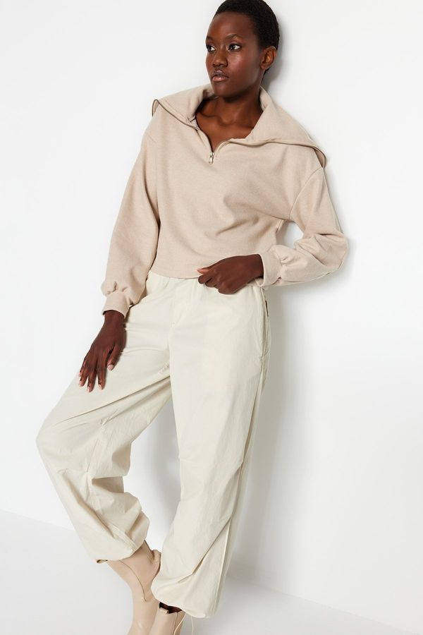 Trendyol Trendyol Beige Thessaloniki/Knitwear Look Polo Neck Zippered Regular/Regular Fit Knitted Sweatshirt