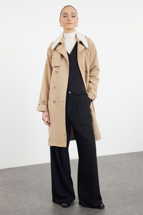 Trendyol Trendyol бежов извънгабаритни широко нарязани яка плюшени подробни, водоотблъскващи дълго тренчкот