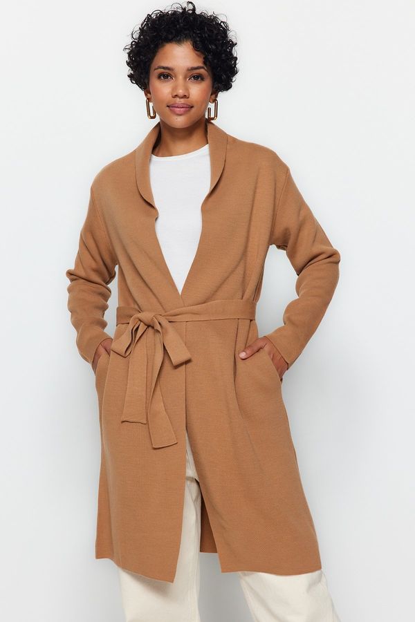 Trendyol Trendyol бежов колан джоб подробни трикотаж жилетка