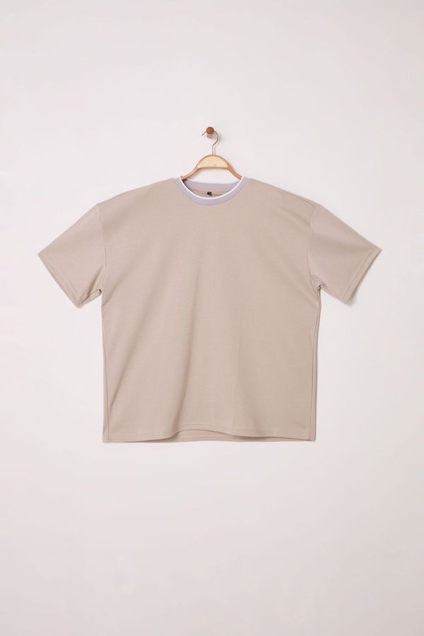 Trendyol Trendyol Big Size Stone Oversize/Wide Cut Knit Banded Textured Pique T-Shirt