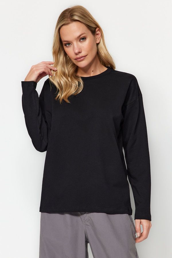 Trendyol Trendyol Black 100% Cotton Basic Crew Neck Long Sleeves Regular Fit Knitted T-Shirt