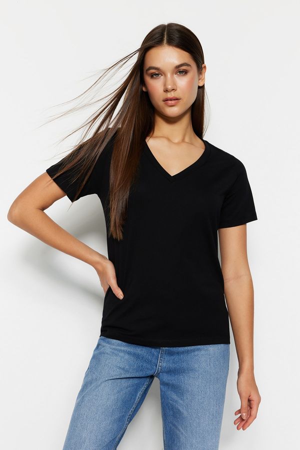 Trendyol Trendyol Black 100% Cotton Basic V-Neck Knitted T-Shirt