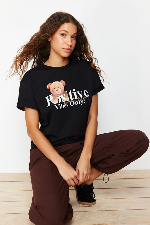 Trendyol Trendyol Black 100% Cotton Crew Neck Printed Relaxed/Comfortable Fit Knitted T-Shirt