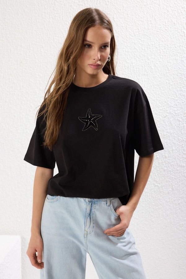 Trendyol Trendyol Black 100% Cotton Relaxed/Comfortable Pattern Embroidered Knitted T-Shirt