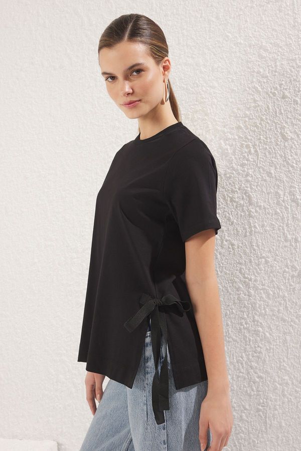 Trendyol Trendyol Black 100% Cotton Side Tie Detail Relaxed Cut Knitted T-Shirt