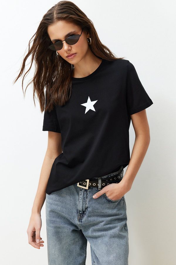 Trendyol Trendyol Black 100% Cotton Star Printed Regular/Normal Pattern Crew Neck Knitted T-Shirt