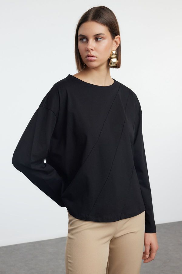 Trendyol Trendyol Black 100% Cotton Stitching Detailed Relaxed/Comfortable Pattern Knitted T-Shirt