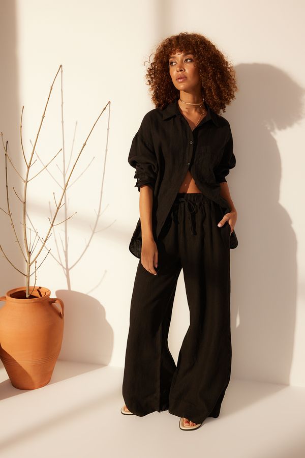 Trendyol Trendyol Black 100% Linen Elastic Waist High Waist Extra Trousers