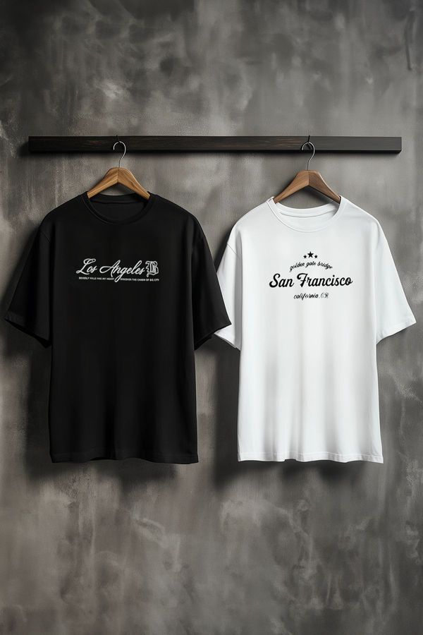 Trendyol Trendyol Black 2-Pack Oversize/Wide Cut Printed 100% Cotton T-Shirt