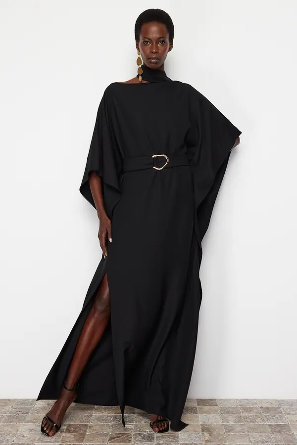 Trendyol Trendyol Black A-Cut Belt Detailed Woven Long Elegant Evening Dress