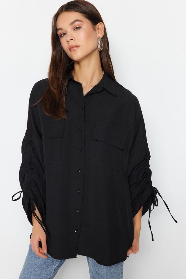 Trendyol Trendyol Black Adjustable Shirring Sleeves, Woven Cotton Shirts