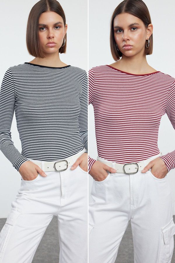 Trendyol Trendyol Black and Red Striped Fitted Backless Ribbed Stretchy Knitted Blouse