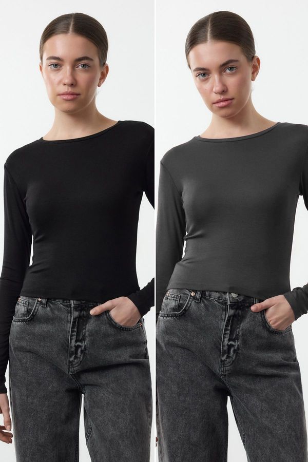 Trendyol Trendyol Black-Anthracite Double Pack Crop/Short Fitted/Fitting Knitted Blouse