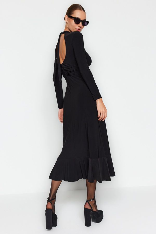 Trendyol Trendyol Black Backless Skirt Flounced High Collar Maxi Length Knitted Dress