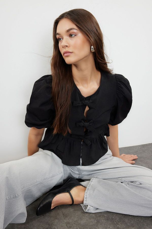 Trendyol Trendyol Black Balloon Sleeve Woven Shirt with Tie Detail