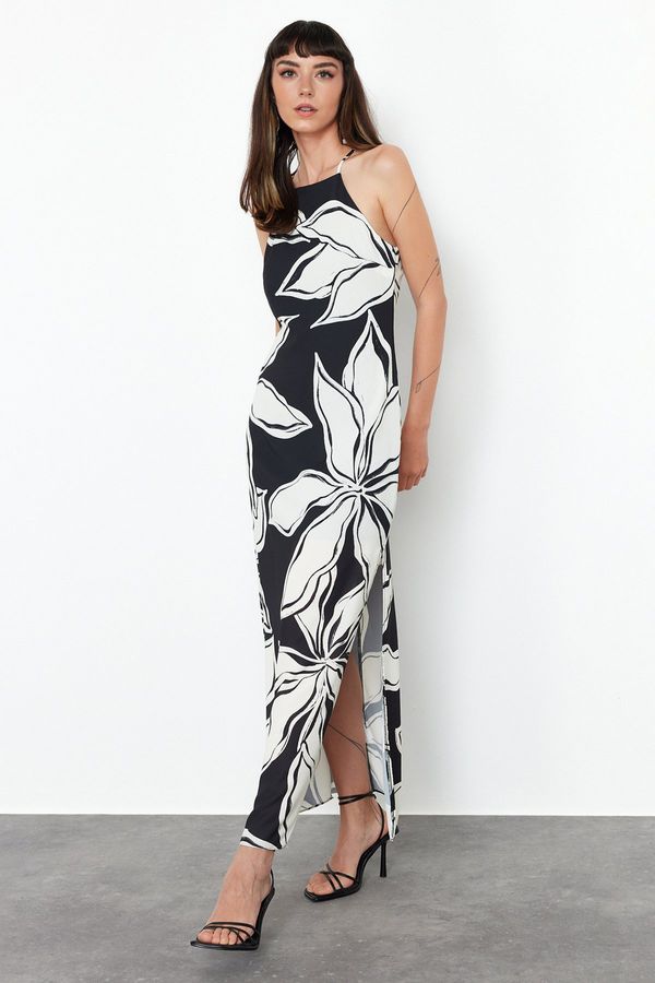Trendyol Trendyol Black Batik Patterned Straight Cut Sleeveless Maxi Lined Satin Woven Dress
