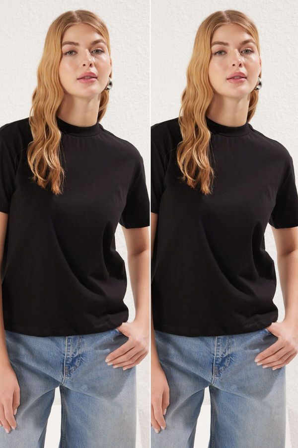 Trendyol Trendyol Black-Black 2-Pack 100% Cotton Basic Stand Collar Knitted T-Shirt