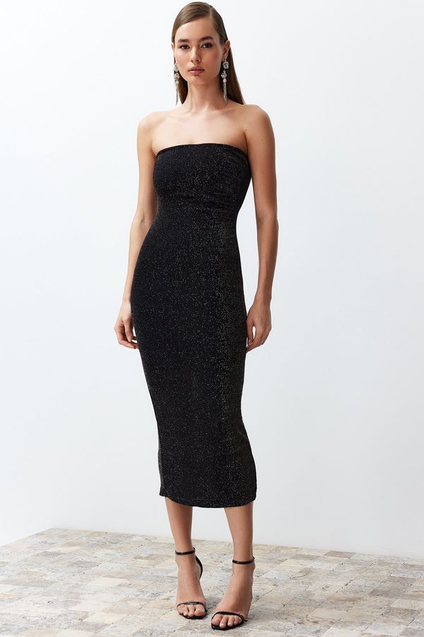 Trendyol Trendyol Black Body Fitted Lined Glittered Glittered Knitted Elegant Evening Dress