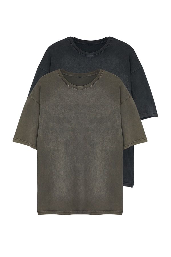 Trendyol Trendyol Black-Brown Aged/Faded Effect 2-Pack Basic T-shirt