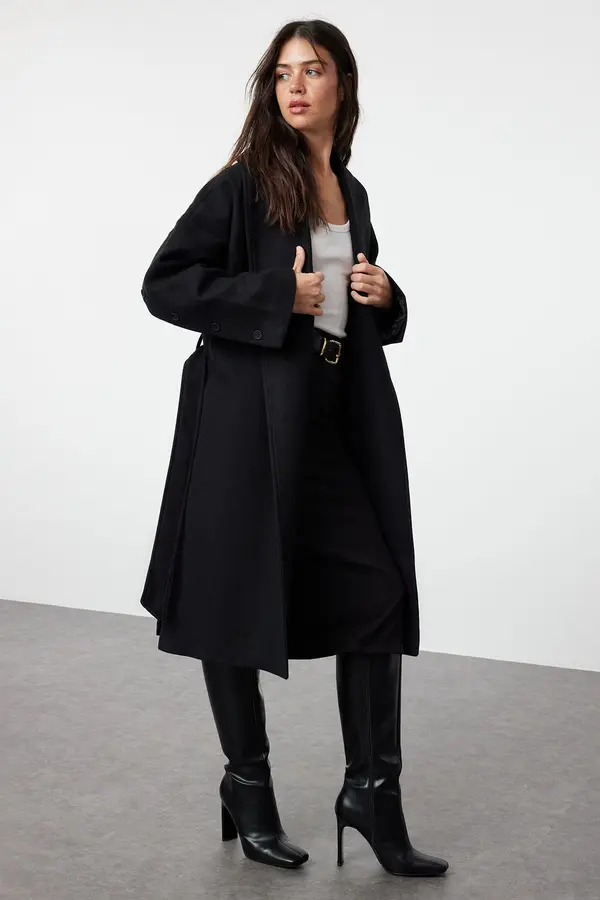 Trendyol Trendyol Black Button Detailed Soft Textured Slit Oversize Coat