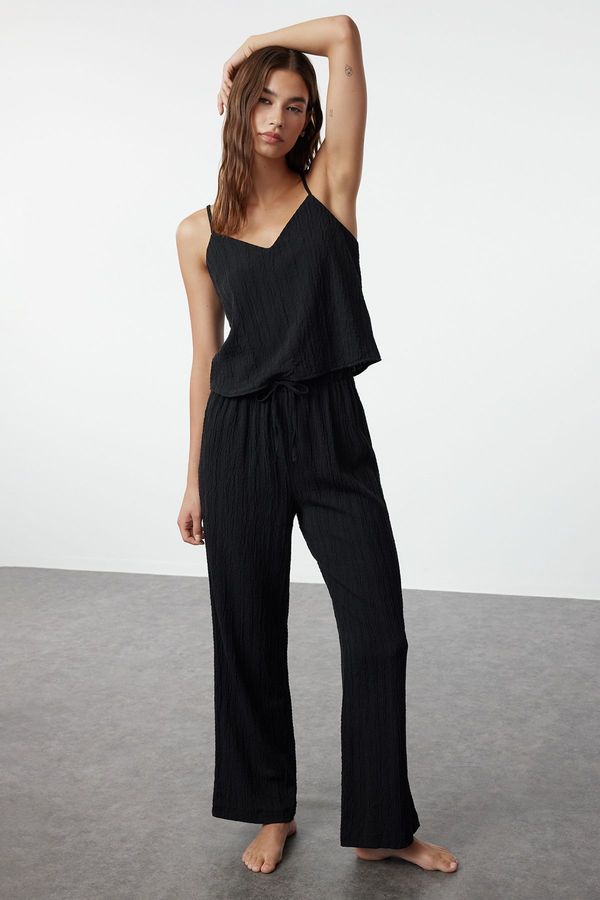 Trendyol Trendyol Black Cotton Tie Detailed Rope Strap Woven Pajama Set