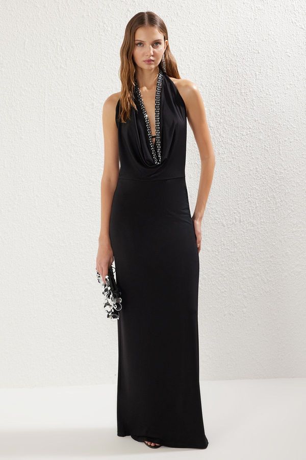 Trendyol Trendyol Black Cowl Neck Shiny Stone Detailed Knitted Elegant Evening Dress