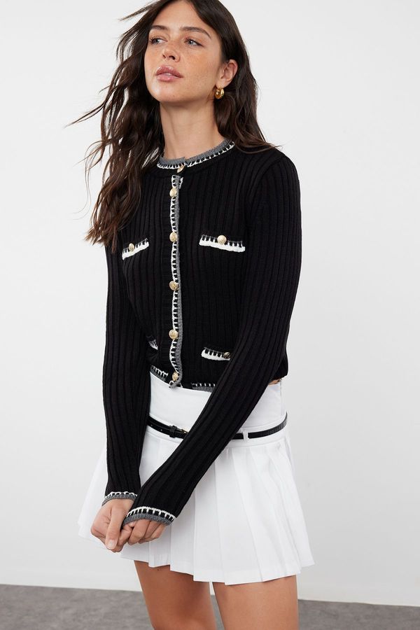 Trendyol Trendyol Black Crop Color Blocked Knitwear Cardigan