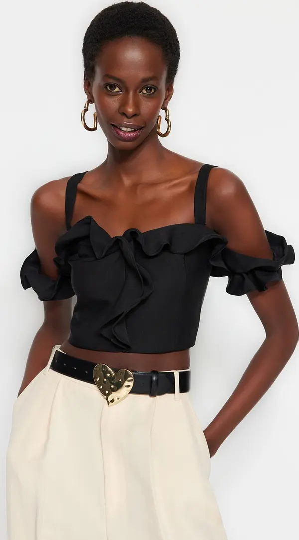 Trendyol Trendyol Black Crop Lined Woven Ruffle Bustier