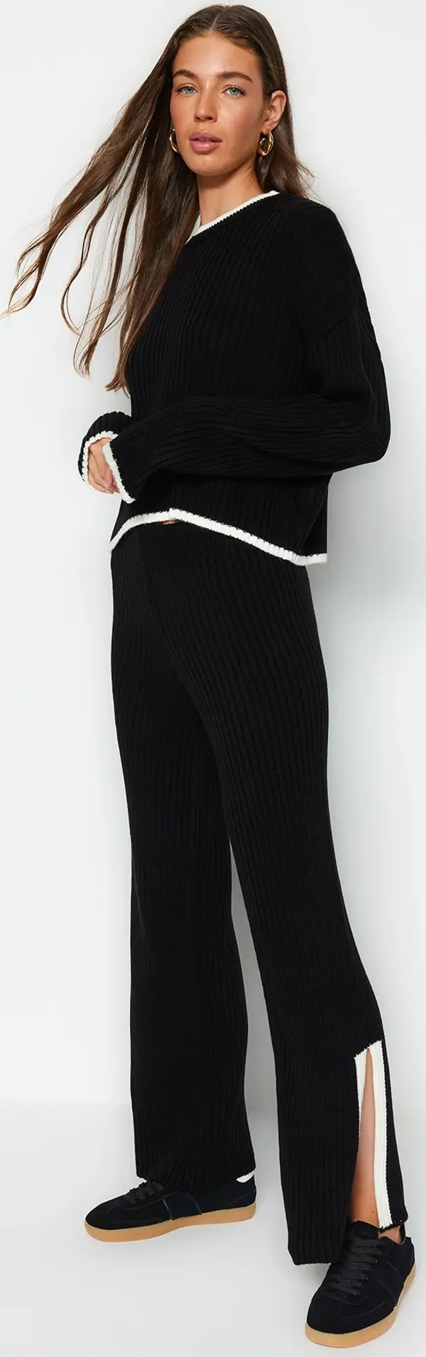 Trendyol Trendyol Black Crop Ribbed Color Block Knitwear Bottom-Top Set