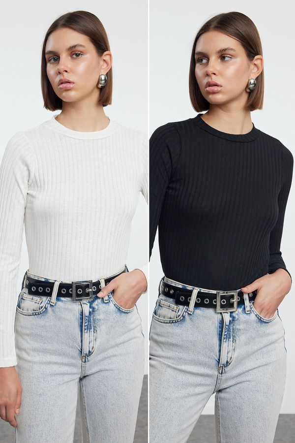 Trendyol Trendyol Black-Ecru 2 Pack Crew Neck Regular/Normal Fit Knitted Blouse