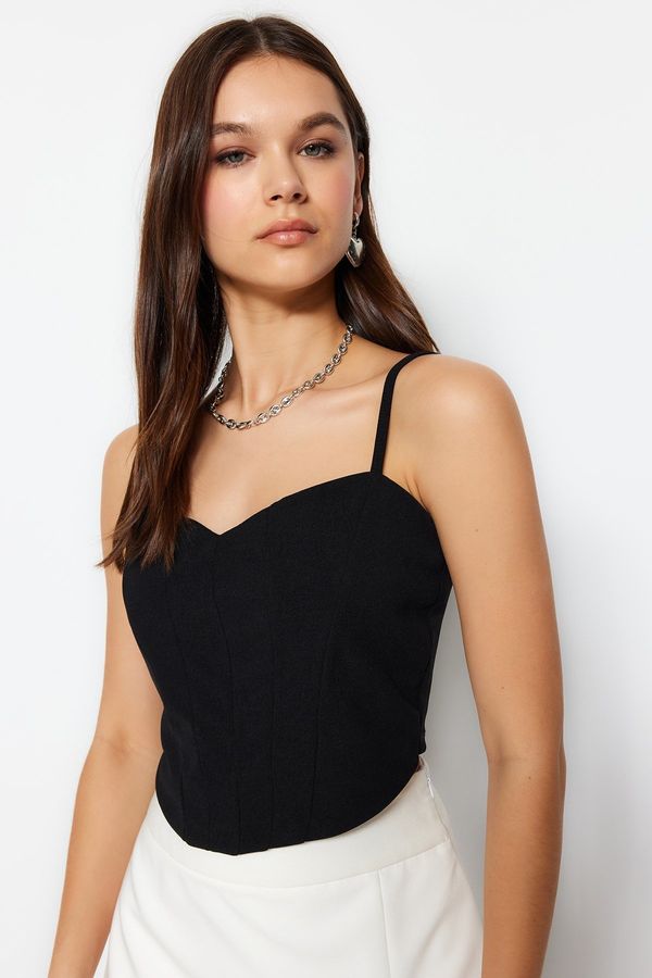 Trendyol Trendyol Black Fitted Crepe Knitted Bustier with Crop Straps