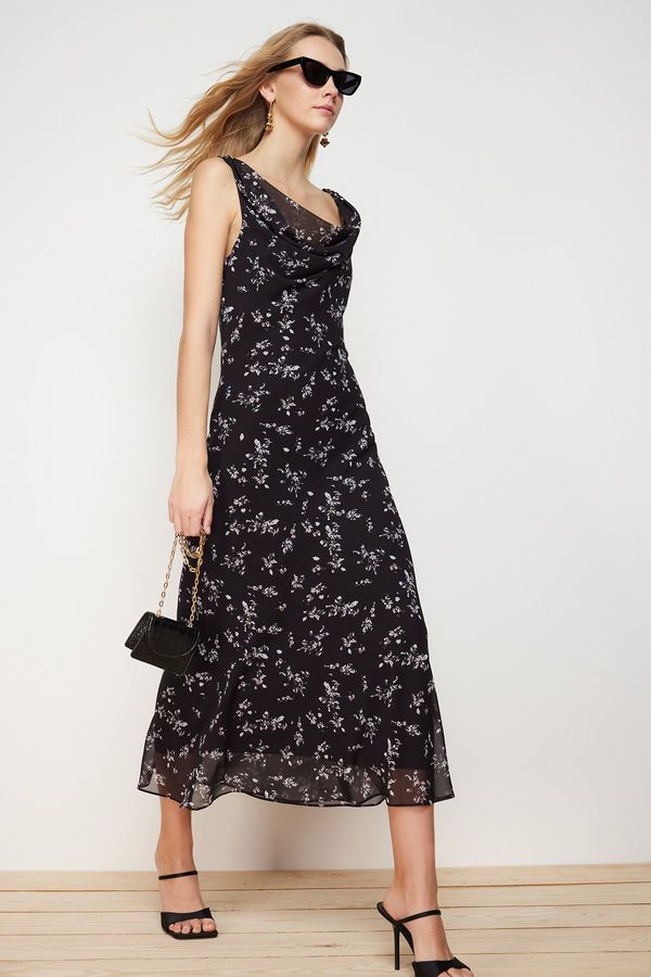 Trendyol Trendyol Black Floral Degaje Collar Chiffon Lined Midi Woven Dress