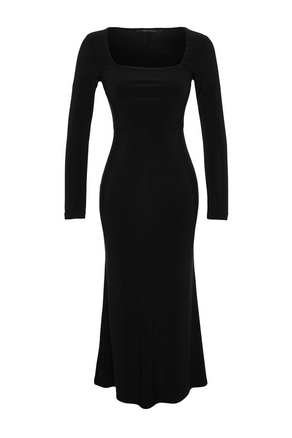 Trendyol Trendyol Black Flounce Square Neck Fitted/Sliding Maxi Stretch Knit Dress