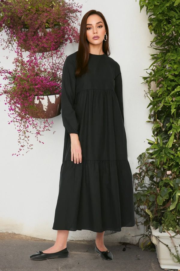 Trendyol Trendyol Black Gathered Detailed Cotton Wide Fit Woven Dress