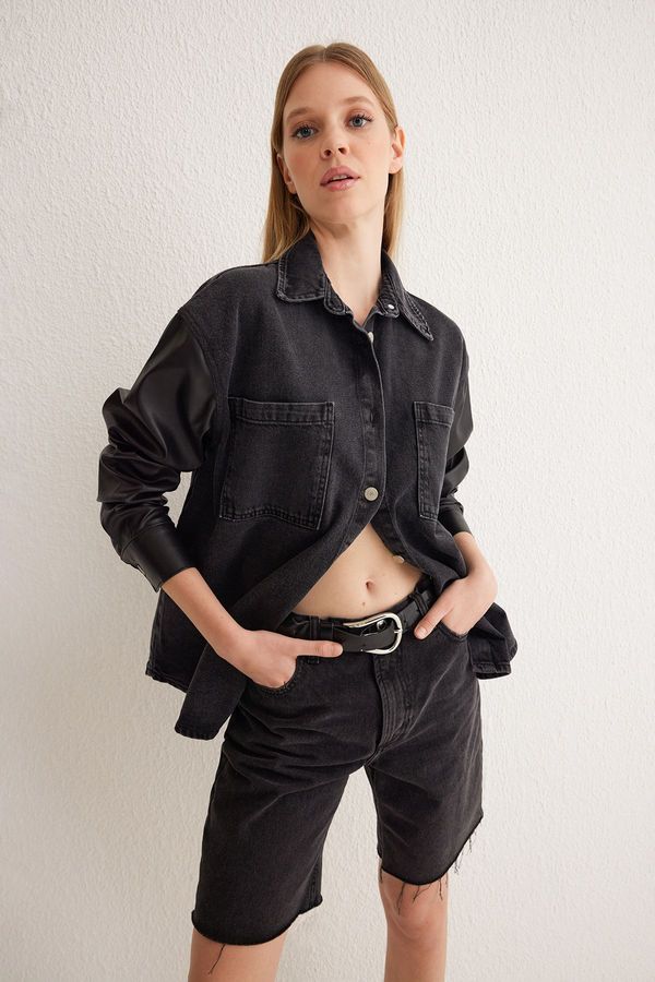 Trendyol Trendyol Black Leather Detailed Oversize Denim Jacket