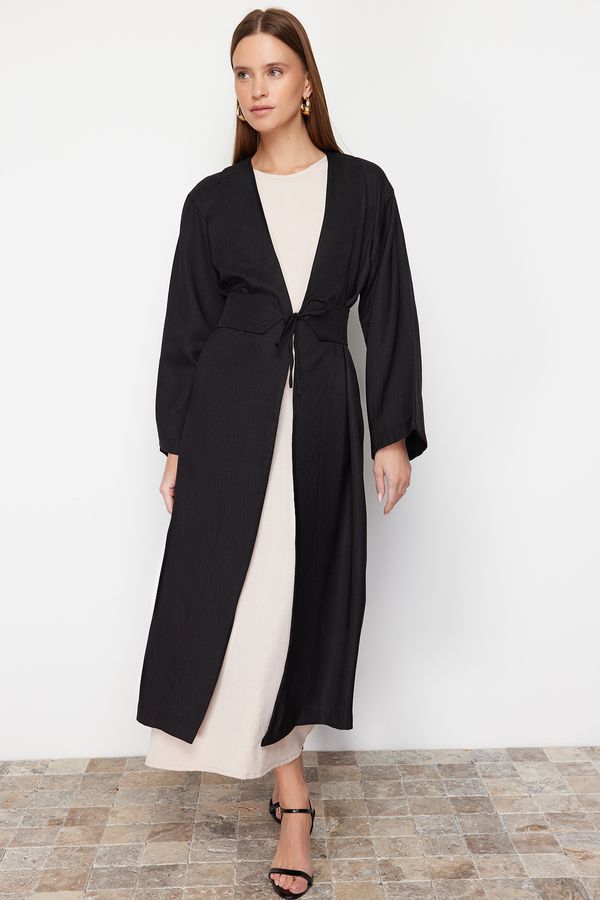 Trendyol Trendyol Black Linen Look Woven Kimono & Kaftan with Tie-Up Detail on the Waist