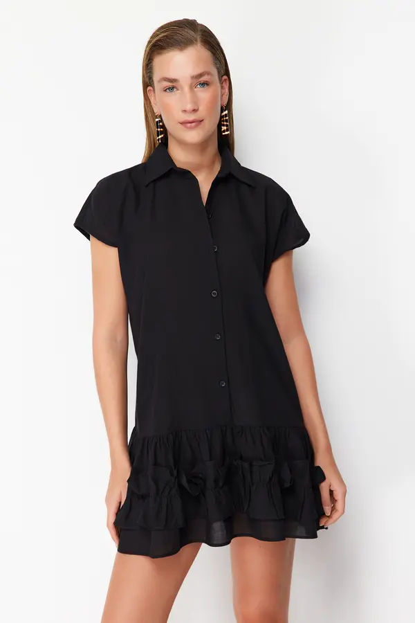 Trendyol Trendyol Black Mini Woven Ruffle 100% Cotton Beach Dress