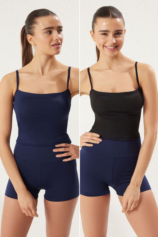 Trendyol Trendyol Black-Navy Blue 2 Pack Supportive/Shaper Knitted Sports Bra with Rope Straps