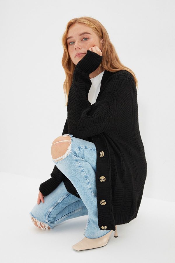 Trendyol Trendyol Black Oversize Knit Detailed Knitwear Cardigan