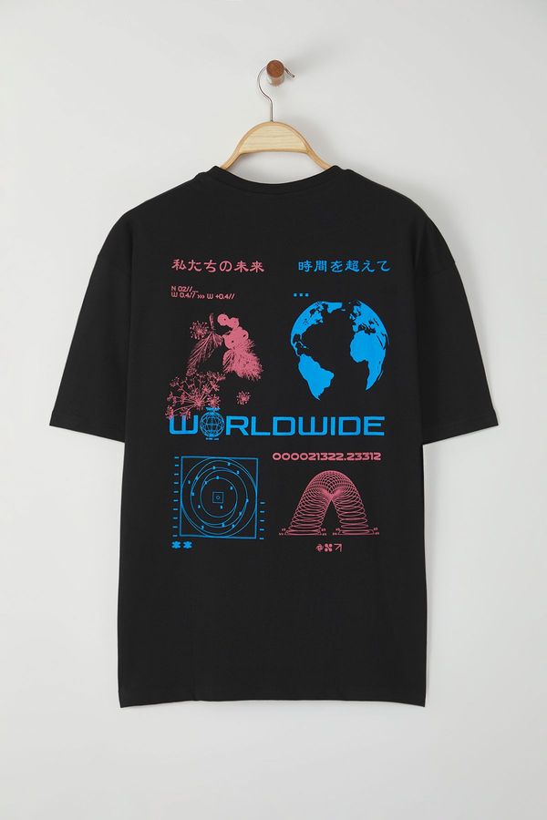 Trendyol Trendyol Black Oversize/Wide Cut 100% Cotton Printed T-Shirt