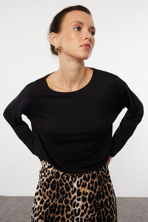 Trendyol Trendyol Black Oversize/Wide Pattern Long Sleeve Knitted T-Shirt