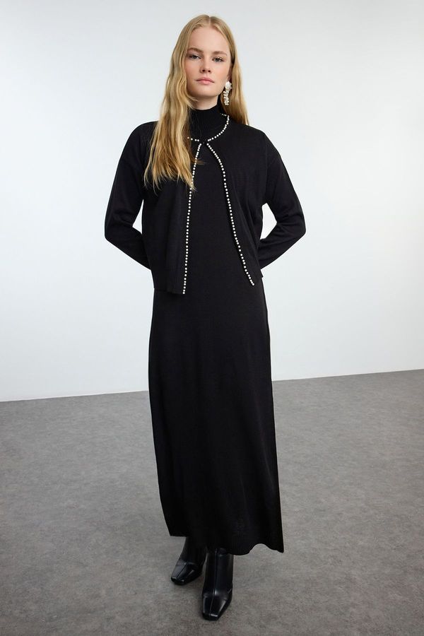 Trendyol Trendyol Black Pearl Knitted Dress Cardigan Set